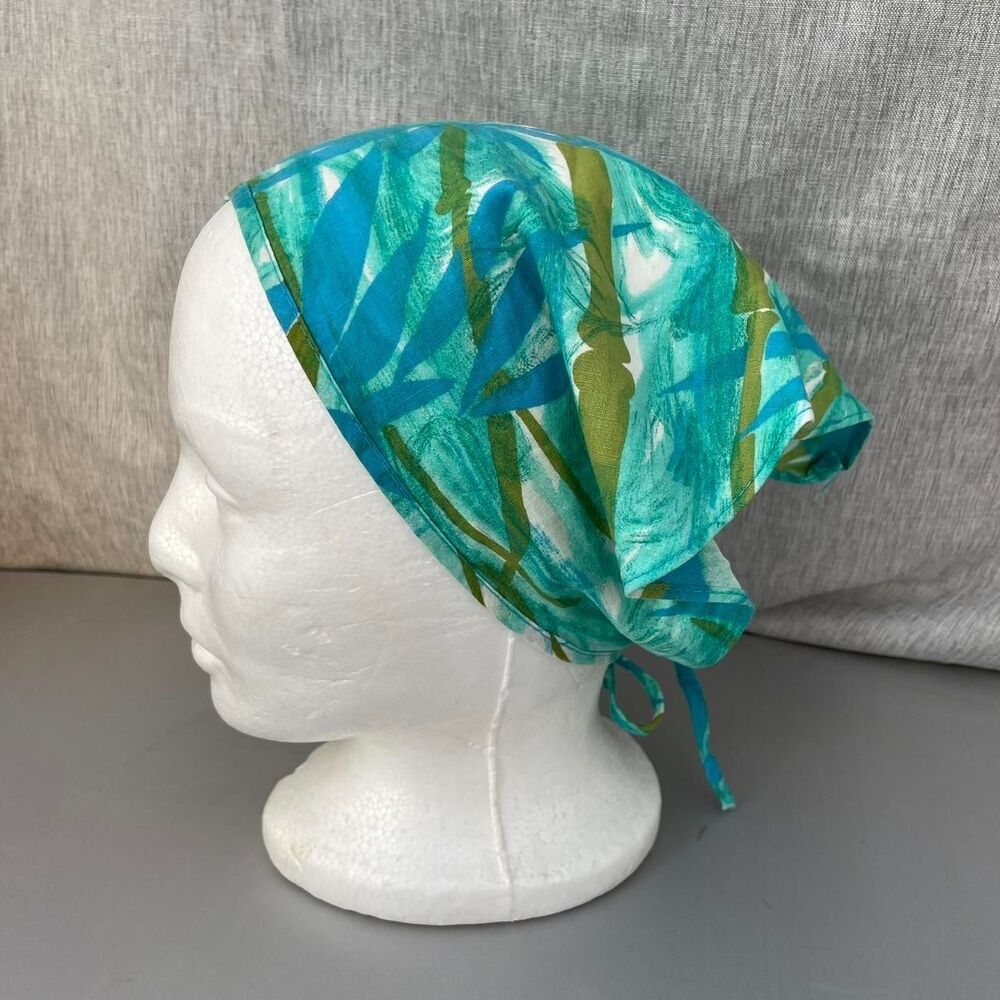 VTG Blue Green Bamboo Print Triangle Head Scarf Bandana Festival Coastal Cowgirl
